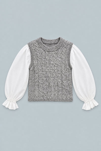 Mixed Media Cable Knit Sweater - Gray Combo