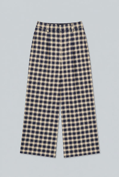 Plaid High Waisted Wide Leg Pants - Navy Combo