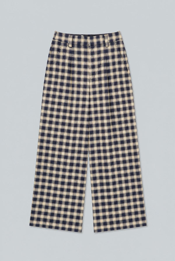 Plaid High Waisted Wide Leg Pants - Navy Combo