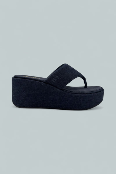 Platfforms Denim Wedge Toe-Post Sandals - Dark Denim
