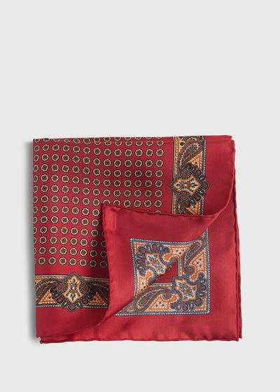 Silk Medallion Paisley Pocket Square - Red