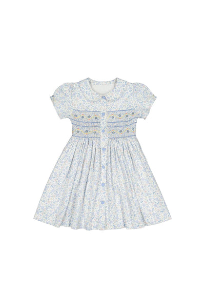 Violette Short Puff Smocked Dress - Floral Blue