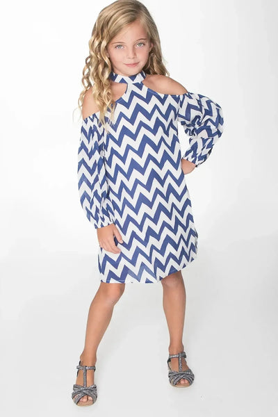 Cold Shoulder Chevron Dress - White & Blue