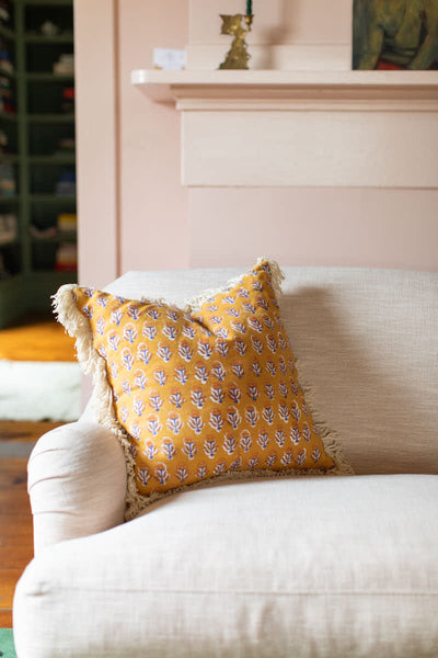 20X20 Linen Pillow Covers with Cotton Fringe - French Marigolds Saffron Linen