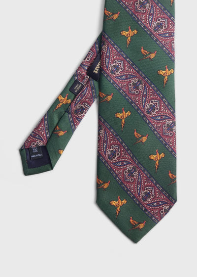 Deco Stripe and Bird Print Tie - Olive