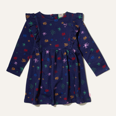 Recycled Cotton Confetti Kid Ruffle Dress - Blue Ribbon Confetti