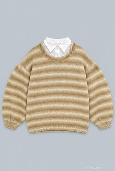 Ombre Poplin Collared Sweater - Tan - M - Sweater