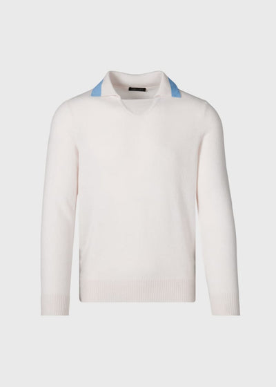 Open Collar Cashmere Sweater - White/Light Blue - XXL (46) - Sweater