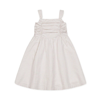 Organic Ruched Bodice Party Dress - Taupe Gingham Seersucker
