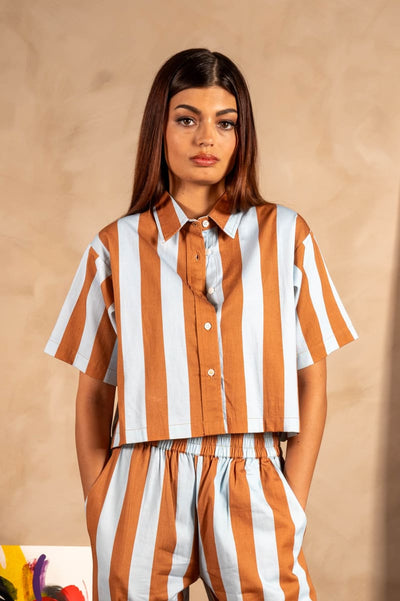 Hand Printed 'The Cami' Crop Shirt - Blue And Brown Stripes