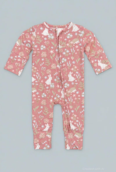 Pink Bunny Floral Convertible Romper - Woodland Bunny - Romper