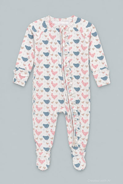 Pink Farm Hens Bamboo Ruffle Footie - Happy Hens - Onesie