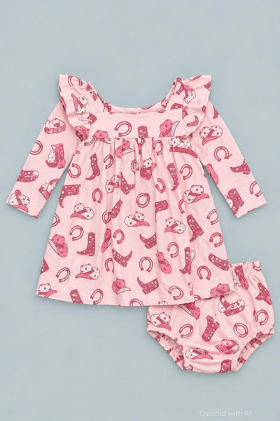 Pink Western Boots Ruffle Dress With Bloomer - Gwen - Dresses