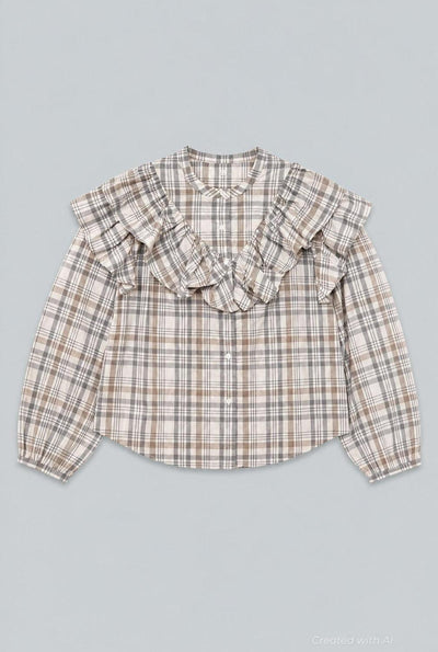 Plaid Ruffle Blouse - Gray Blue - Blouse