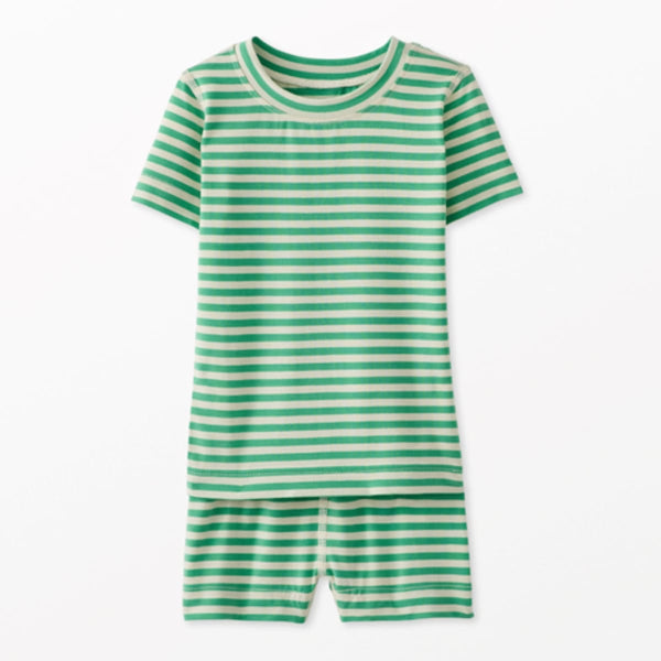 Kids Striped Short John Pajama Set In HannaSoft™ - Green Spruce/Ecru