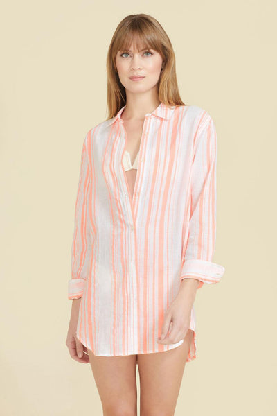 Primavera Shirt Dress - Neon Orange Stripes - Cover-up