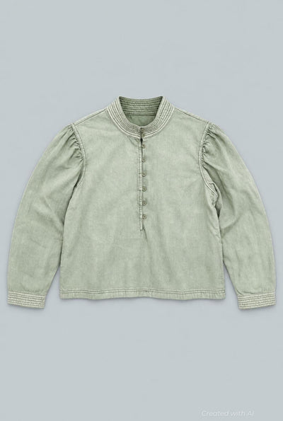 Puff Sleeve Chambray Blouse - Sage - Blouse