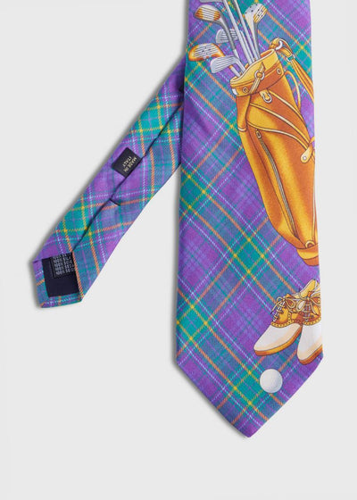 Plaid Golf Bag Print Silk Tie - Purple