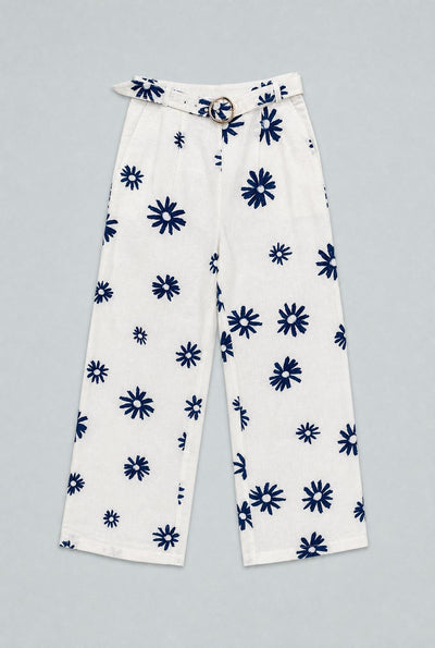 Embroidered Wide Leg Pants With Belt - White Combo