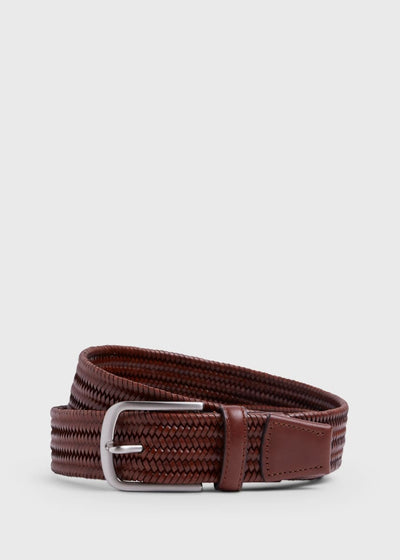 35MM Stretch Leather Woven Belt - Brown