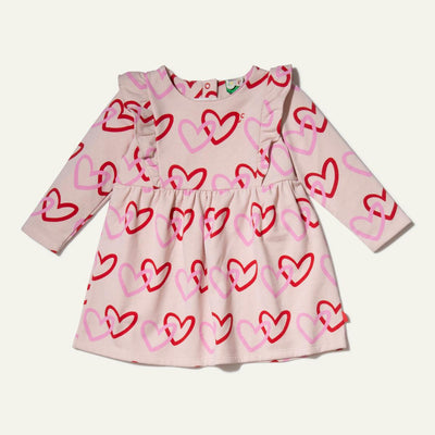 Recycled Cotton Hearts Baby Ruffle Dress - Festival Pink Hearts