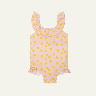 Recycled Polyester Pink Dotted Ruffle Baby Swimsuit - Misty Rose/cyber Yellow - One Piece Swim