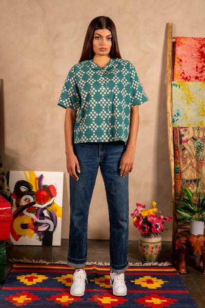 Hand Printed Camp Collar 'The Violet' Shirt - Green And White Squares