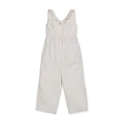 Ruffle Neck Organic Jumpsuit - Taupe Gingham Seersucker - Jumpsuit
