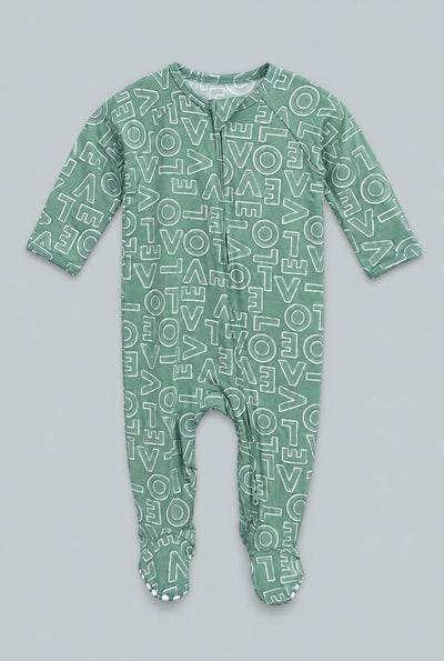 Zipper Footie Love Print - All You Need Is Love Green