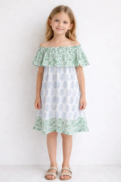 Girls Off-Shoulder Printed Summer Dress - White & Green - Dresses