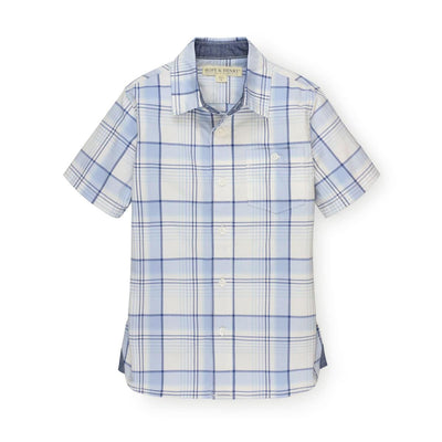 Stretch Short Sleeve Button Down Shirt - Classic Blue Tonal Plaid - 3-6 Months - Button Down Shirt
