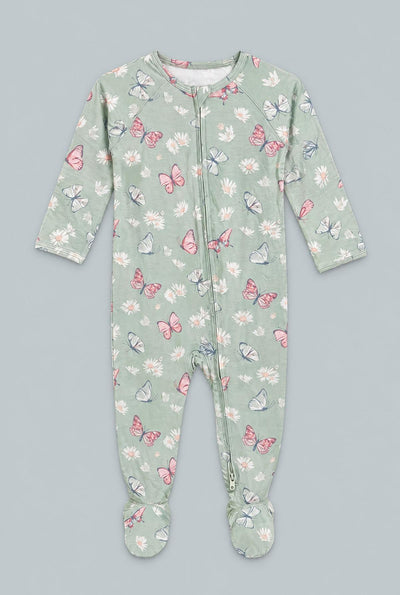 Butterfly Daisy Bamboo Zipper Footie - Butterfly Daisy Mint
