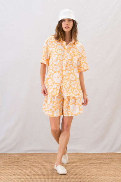 Short Sleeve Boyfriend Shirt - Hibiscus Apricot - Button Down Shirt
