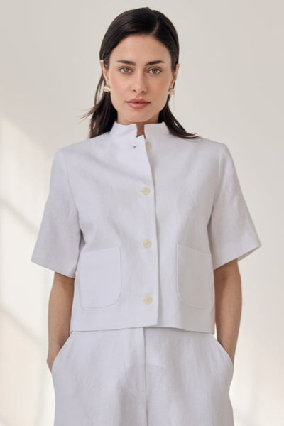 Short Sleeve Linen Jacket - White - Jacket