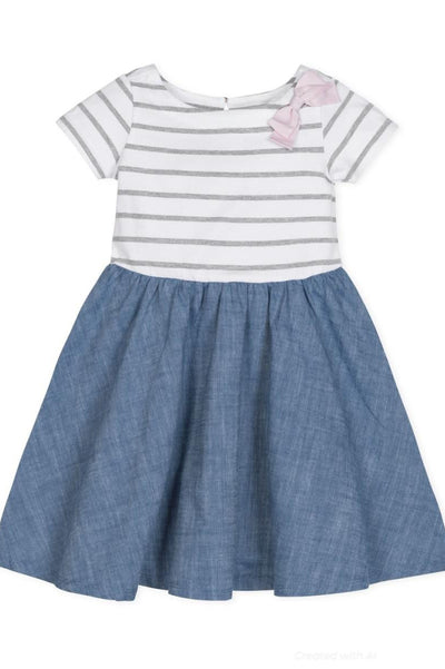 Short Sleeve Organic Knit Skater Dress - White and Gray Stripe - Dresses