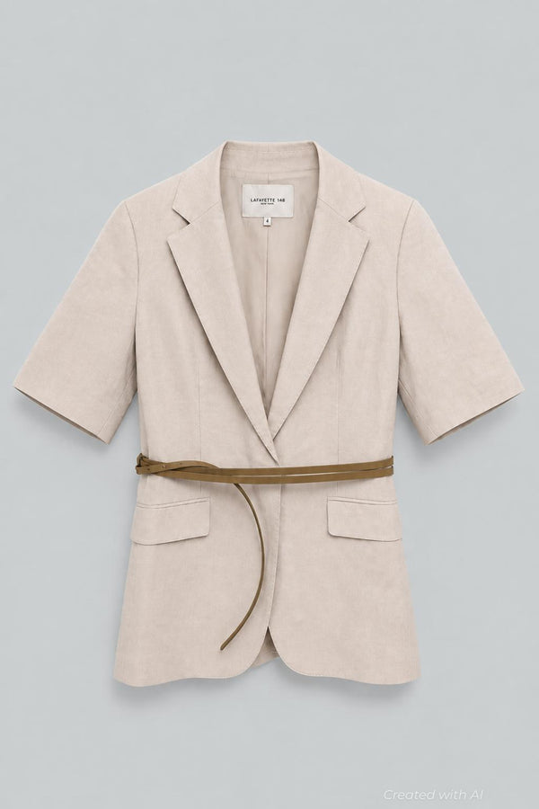 Silk-Linen Short Sleeve Belted Blazer - Pearl - US 6 / S - Blazer