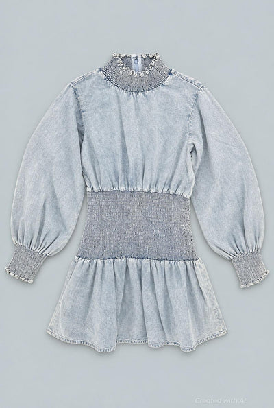 Smocked Denim Mini Dress - Light Blue - M - Denim Dress