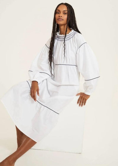 Smocked Puff Sleeve Midi Dress - White - Dresses