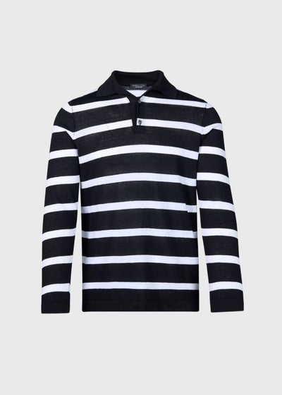 Stripe Linen & Cotton Long Sleeve Polo - Black/White - XL (44) - Polo