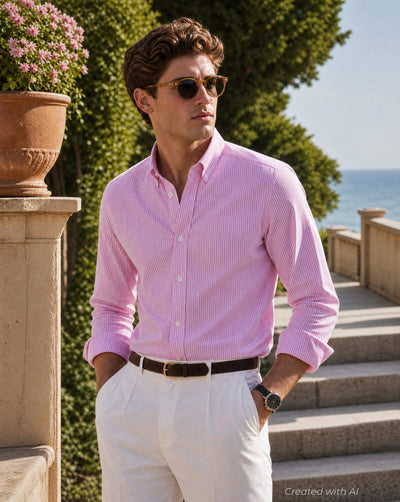 Stripe Oxford Logo Sport Shirt - Pink - Collared Shirt