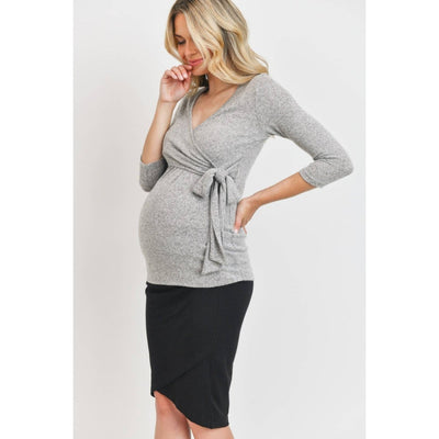 Surplice Wrap Long Sleeve Nursing Knit Top - Heather Grey - Shirt
