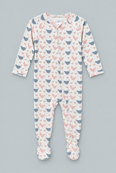 Pink Farm Hens Bamboo Zipper Footie - Happy Hens