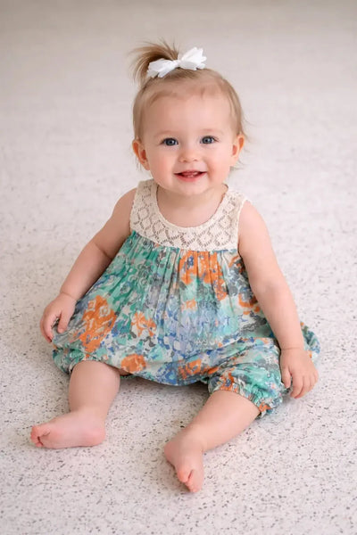 Baby Girls Lace Yoke Romper Dress - Teal Printed
