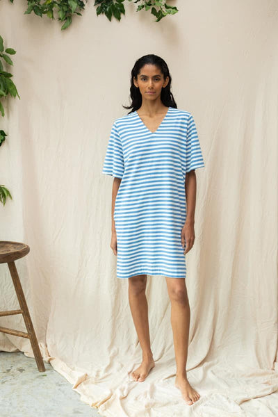 Sasha-Sue Organic Cotton Dress - Sea Blue and White