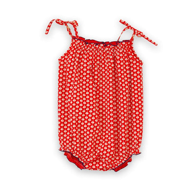 Baby Romper With Smocked Neck - Flowers In Brilliant Red