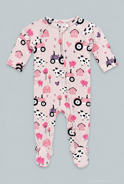 Tractors And Cows Zipper Footie - Dolly - Onesie