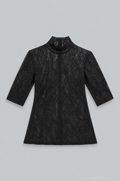 Turtleneck Lace 3/4 Sleeve Top - Black - Turtleneck