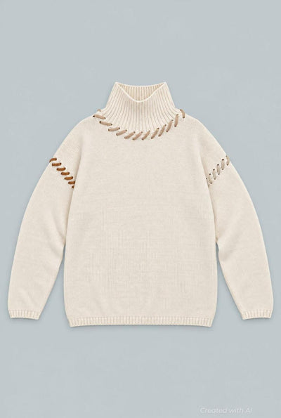 Turtleneck Sweater With Stitching Details - Ivory - Turtleneck