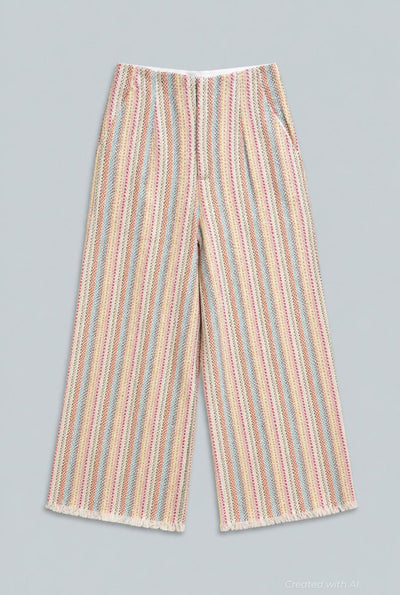 Tweed Frayed Hem Wide Leg Pants - Rainbow/Multi - Pants