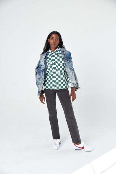 Hand Printed 'The Sophia' Over-Shirt - Green Chessboard Twill
